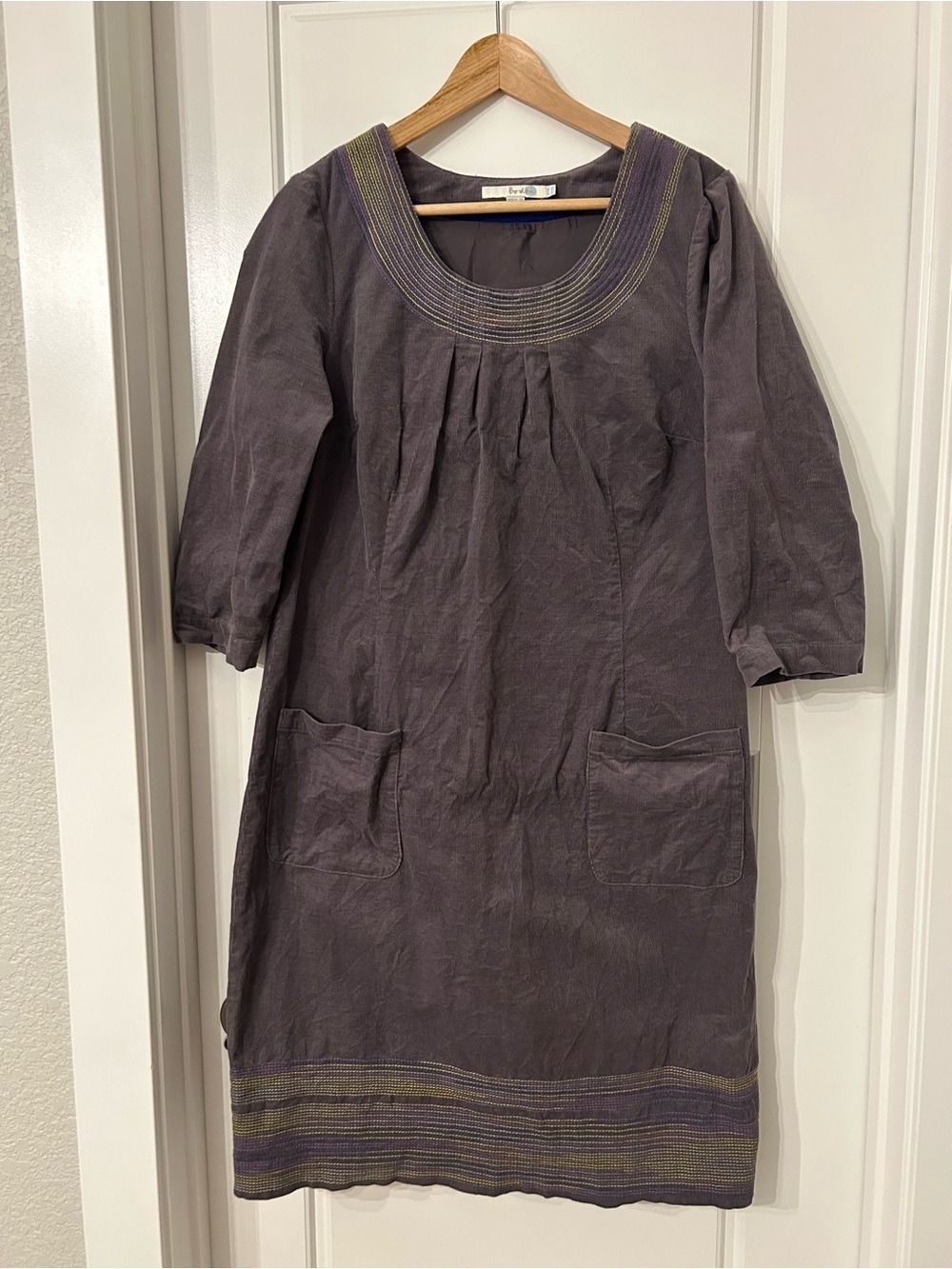 Boden Grey-Purple corduroy cottage core Tunic Dress with Embroidered Neckline